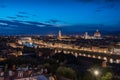 Florence panoramic view from above during blue hour with historical buildings Duomo churches and Ponte Vecchio Royalty Free Stock Photo