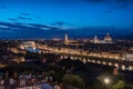 Florence panoramic view from above during blue hour with historical buildings Duomo churches and Ponte Vecchio