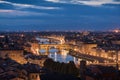 Florence panoramic view from above during blue hour with historical buildings Duomo churches and Ponte Vecchio