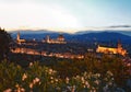 Florence Piazzale Michelangelo sunset, Tuscany region, Duomo, Ponte Vecchio River Arno Renaissance, Italy.