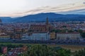 Florence Piazzale Michelangelo sunset, Tuscany region, Duomo, Ponte Vecchio River Arno Renaissance, Italy.