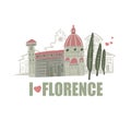 Florence poster with landmarks icons. Cartoon doodle art card for print. Traditional symbols, buildings full color