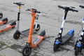 Florence, September 2021: electric scooters parked in the city of Florence at Michelangelo square, Italy. New trends of Royalty Free Stock Photo