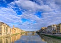 Florence skyline from the Ponte Vecchio over the Arno River: in the background the Santa TrinitÃ  Bridge. Royalty Free Stock Photo