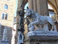 Florence Tuscany Italy. Medici Lion and Perseus statues in Loggia dei Lanzi Royalty Free Stock Photo