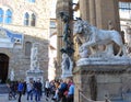 Florence Tuscany Italy. Medici Lion and Perseus statues in Loggia dei Lanzi Royalty Free Stock Photo