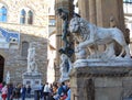 Florence Tuscany Italy. Medici Lion and Perseus statues in Loggia dei Lanzi Royalty Free Stock Photo