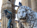Florence Tuscany Italy. Medici Lion and Perseus statues in Loggia dei Lanzi. Royalty Free Stock Photo