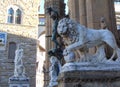 Florence Tuscany Italy. Medici Lion and Perseus statues in Loggia dei Lanzi Royalty Free Stock Photo