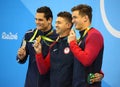 Florent Manaudou FRA L, Olympic Champion Anthony Ervin and Nathan Adrian of USA after medal ceremony after Men`s 50m Freestyle
