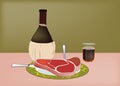 Florentine meat steak with wine flask