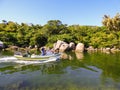 Florianopolis, Brazil - Circa July 2018: Motorboat at Lagoa da Conceicao Barra da Lagoa