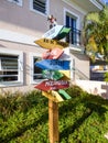 Signpost with names and distances of beaches and places in Florianopolis and other cities