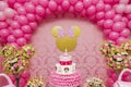 Sweet table decoration in children`s party with Minnie Mouse theme