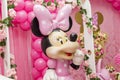 Sweet table decoration in children`s party with Minnie Mouse theme