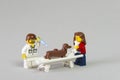 Florianopolis, Brazil. September 19, 2020: Vet minifigure giving injection to a dog while its owner distracts him with a bone on