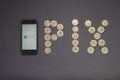 Florianopolis, Brazil. 07/10/2020: Top view of PIX logo on the smartphone screen next to 1 Real coins writing the acronym PIX, new