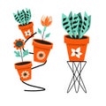 Floriculture. Set of flower pots on flower stands. Vector illustratio