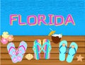 Florida lettering Vector tropical letters, with beach icons on blue water backround. Royalty Free Stock Photo