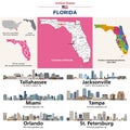 Florida counties map. State\'s capital city and state\'s largest cities skylines. Vector set Royalty Free Stock Photo