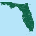 Florida map vector outline in green and blue background with names of location. Florida state of USA map with counties names label Royalty Free Stock Photo