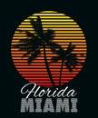 Florida Miami Beach sunset print t-shirt design. Poster palm tree silhouettes Royalty Free Stock Photo