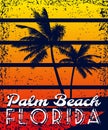 Florida Palm Beach sunset print t-shirt design. Poster grunge palm tree silhouettes Royalty Free Stock Photo