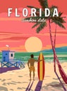Florida Soutn Beach Retro Poster, surfer with surfboard. Lifeguard house on the beach, palm, coast, surf, ocean. Vector