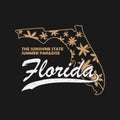 Florida state typography graphics for t-shirt, clothes. Grunge print for apparel with palm trees and map. Vector. Royalty Free Stock Photo