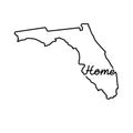 Florida US state outline map with the handwritten HOME word. Continuous line drawing of patriotic home sign