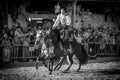 Florin Harabor riding two horses at the same time standing on them in a horse fair in Lugo, Spain, August 2016