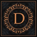 Florishes gold letter D calligraphic heraldic dark background