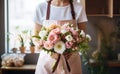 a florist in an apron with several bouquets and flowers Royalty Free Stock Photo