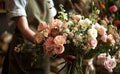 a florist in an apron with several bouquets and flowers Royalty Free Stock Photo