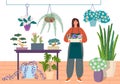 Florist caring for indoor plants. Flower shop or houseplant store vector illustration. Young woman in a flower center is
