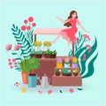 Florist girl with pots of flowers and plants, greenery, bouquets in floral shop, stall store market cartoon vector