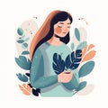 florist, Icon Illustration of Woman Embracing Flowers in Flat Cartoon Style with brunette Long Hair
