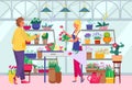 Florist make bouquet in shop, female people in floral business store, vector illustration. Woman owner at plant retail