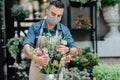 Florist making fresh flowers bouquet composition. Millennial small business owner work for client