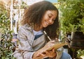 Florist, plants and happy woman, clipboard and checklist for quality control, inventory management or eco friendly Royalty Free Stock Photo