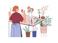 Florist with plants in vases, smelling flowers in floral shop. Woman works with fresh bouquets, floristry, blooms