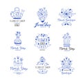 Florist shop logo premium set, flower boutique badges hand drawn vector Illustrations in blue colors on a white