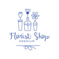 Florist shop premium logo, badge for floral boutique hand drawn vector Illustration in blue color on a white background Royalty Free Stock Photo