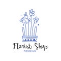 Florist shop premium logo, design element for floral boutique hand drawn vector Illustration in blue color on a white Royalty Free Stock Photo