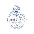 Florist shop premium logo, floral badge for flower boutique hand drawn vector Illustration in blue color on a white Royalty Free Stock Photo