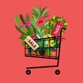 Florist shop.Shopping cart with plants.Flower store flat design.