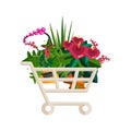 Florist shop.Shopping cart with plants.Flower store flat design.