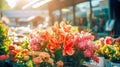 Florist shop on the street corner on sunny day at the morning