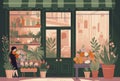 Florist shop window, lots of flowers and bouquets, homeplants in pots. Illustration created with generative AI technology. Royalty Free Stock Photo