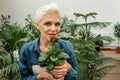 Florist woman holding a pot with plant. Florist taking care about plant